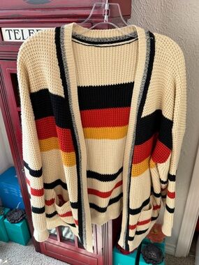 Cream Striped Open-Front Women's Cardigan Sweater